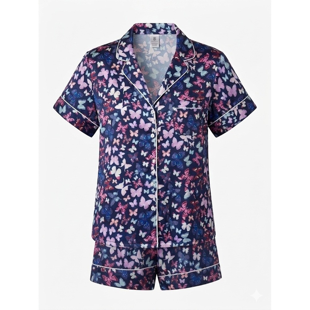 Victoria's‎ Secret Signature Satin Short Pajama Set Butterfly Print Navy Blue M